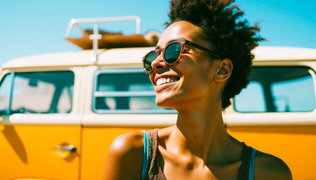 Smiling young african female enjoys sunny day by retro yellow van