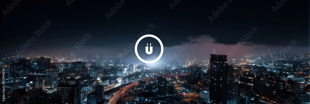 Aufkleber glowing unplug symbol illuminates a night city skyline with urban lights and distant clouds creating