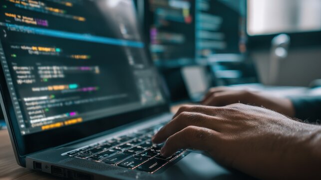 Web designer coding layout and styling website interface on laptop.
