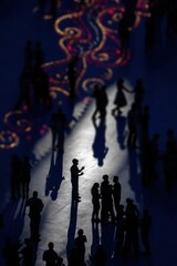 Crowded urban night event, silhouetted figures, illuminated patterns