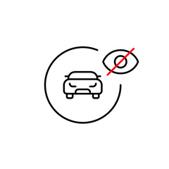 Vector icon of car tracking device with crossed-out eye, symbolizing disabled tracking, hidden location, or privacy mode. Ideal for vehicle security apps, GPS platforms, and privacy settings