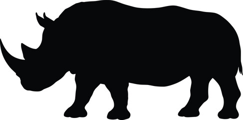 Rhinoceros black silhouette vector illustration, wild African animal design, safari wildlife symbol, isolated rhino figure on white background, nature creature art, horned mammal image