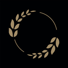 Circular foliage laurels branch in golden color on black background, leafy wreaths vector illustration.