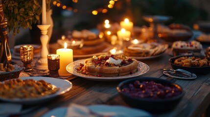 Naklejka premium A table set for iftar with lit candles, soft light, and a peaceful atmosphere, with traditional dishes and desserts waiting to be served.