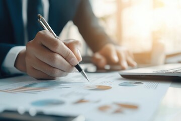 A close-up of a businessperson analyzing charts and graphs on paper, using a pen, with a laptop in the background and sunlight streaming in.