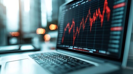 A laptop displays a red fluctuating stock market graph, symbolizing financial data analysis in a modern office setting.