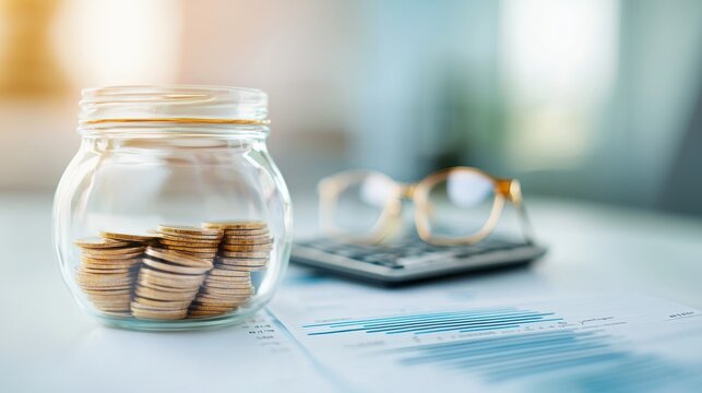 A glass jar filled with stacked coins sits on a desk next to a calculator and eyeglasses, symbolizing financial planning or savings.