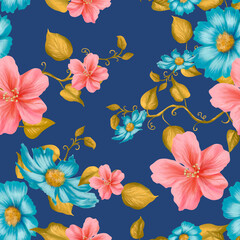 Flowers patterns, texture vector with seamless pattern, dark blue textile art, hand-draw style background vibrant colors, fashion artwork for Fabric print.