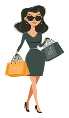 Fashionable Woman Carrying Shopping Bags in Stylish Vector Cartoon Design
