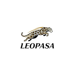 Leopard logo design with dynamic spotted icon and sleek italic text ‘LEOPASA’, stylish and sporty, white background.
