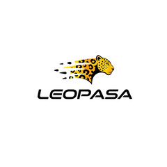 Leopard logo design with dynamic spotted icon and sleek italic text ‘LEOPASA’, stylish and sporty, white background.