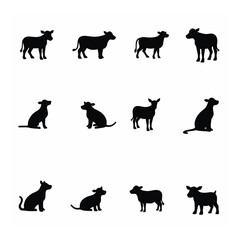 Silhouettes of calves dogs various poses farm animals