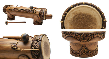 Ornate carved wooden drum and mallet