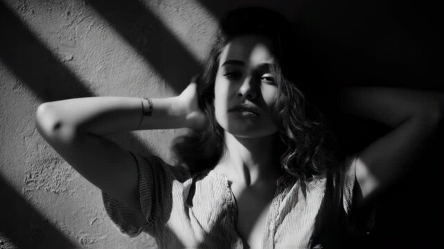 Beautiful young woman with long curly hair is posing with hands on head in a black and white cinematic portrait, illuminated by diagonal striped shadows