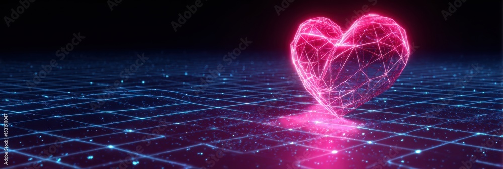 Fototapete Neon Heart Floating in a Digital Grid, Creating a Futuristic Romantic Atmosphere in a Virtual Environment
