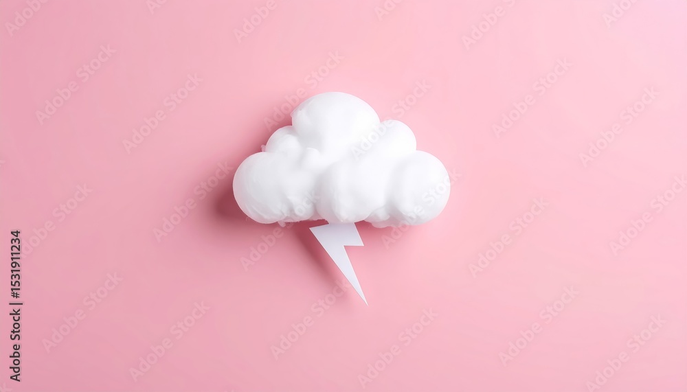 Poster minimalist cloud with thunderbolt on pink background and ample space for text, creating a soft and i