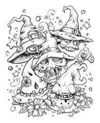 Whimsical Doodle of Skulls and Witches in a Fantasy Style Illustration