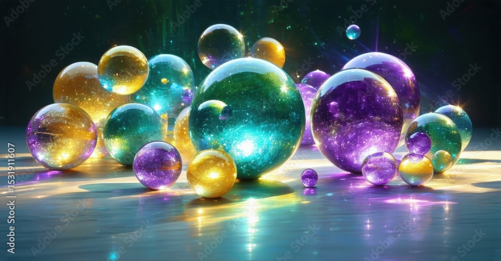 Poster colorful spheres rest upon reflective surface. light creates vibrant glow, showcasing cosmic texture