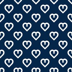Elegant heart shapes seamless pattern continuous background love symbol motif. Cute geometrical ornament blue white palette. Fabric swatch, textile design, wallpaper, allover surface texture.