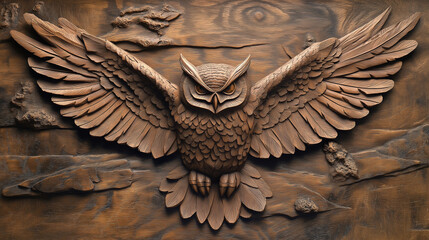 Low sculpture, carved wooden owl for home wall decoration