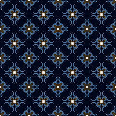 Elegant pattern classic blue background ethnic style square motif. Abstract line shape geometric ornament seamless design. Modern concept art textile swatch ladies dress, man shirt allover print block