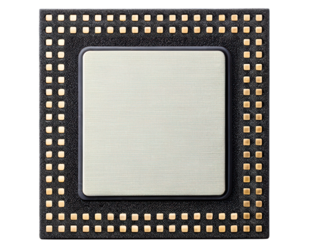 High-performance microchip with gold connectors on a transparent background