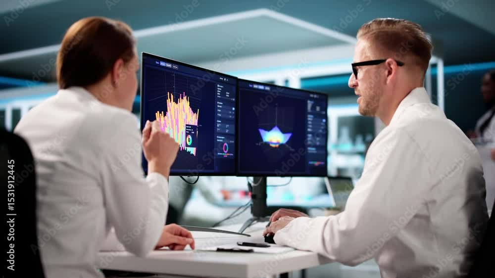 Poster team of analysts using 3d software for research