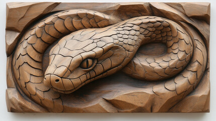 Low sculpture, carved wooden snake for decorating the house wall