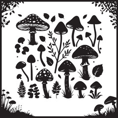 Mushroom silhouette Vector black and white isolated 