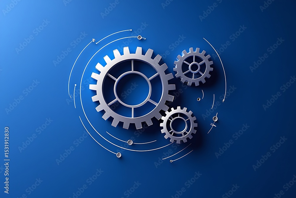 Poster three silver metallic gears interlocked on a deep blue background surrounded by thin white lines sug