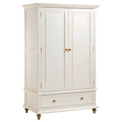 Classic White Wooden Armoire with Brass Knobs and Drawer