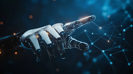 Futuristic blue technology background with robotic hand and digital network elements