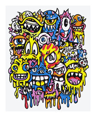 Colorful Abstract Vector Design with Artistic Monster Faces and Drips