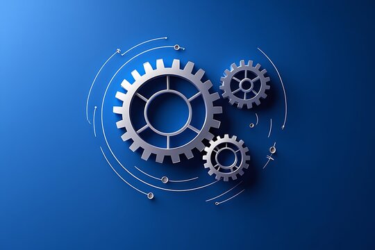Three silver metallic gears interlocked on a deep blue background surrounded by thin white lines suggesting a technological network or system the largest gear is centrally positioned with two