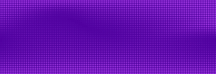 Purple halftone pattern. Retro comic gradient background. Violet pixelated dotted texture overlay. Cartoon pop art faded gradient pattern. Vector backdrop for poster, banner, advertisement