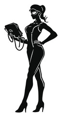 Stylish Female Character Silhouette with Technological Gadget in Hand