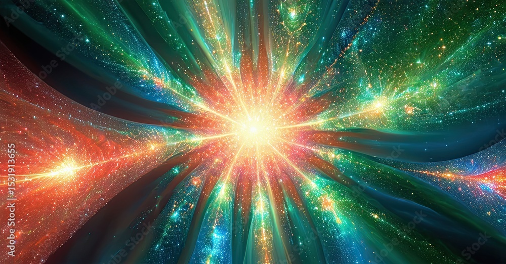 Poster bright explosion radiates outward. colors blend, creating dynamic energy. swirling patterns suggest 