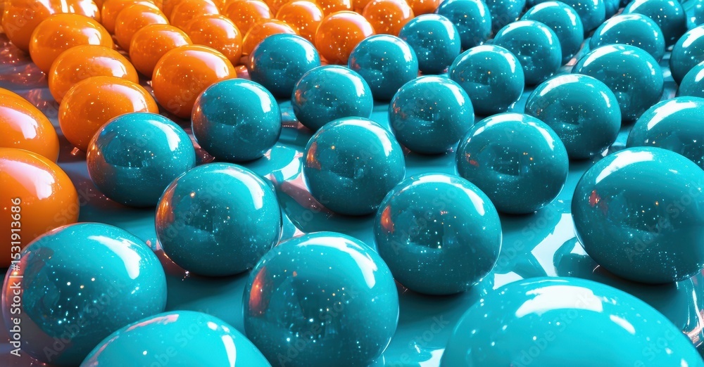 Aufkleber Bright spheres fill frame. Orange, teal colors contrast. Reflective surfaces create dynamic visual texture. Smooth, rounded forms dominate composition.