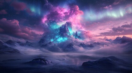 Snowy tundra with glowing lights creates a stunning mirage in the twilight sky above majestic mountains