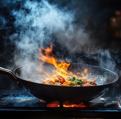 Wok with sizzling food, smoke and flames