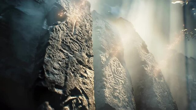 Enigmatic energy rays striking weathered runestones, casting luminescent patterns across ancient carved symbols within shadowy, misty nordic landscape, revealing mystical historical secrets
