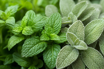 Fresh mint and sage herbs close up