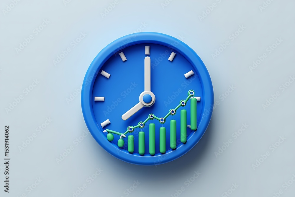 Poster a vibrant blue circular clock features a prominently displayed upward trending green bar graph seaml