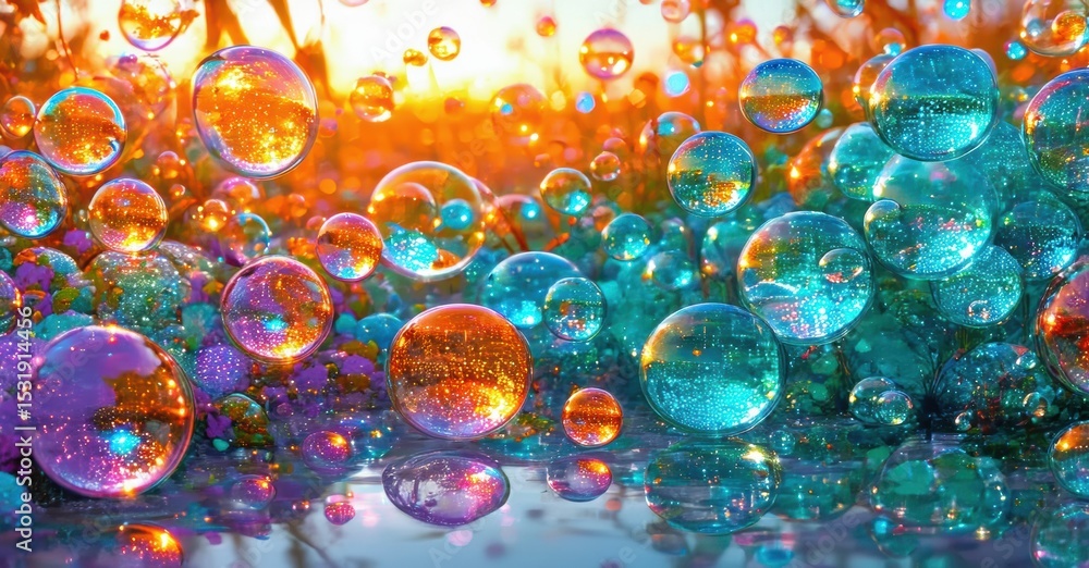 Aufkleber Vibrant bubbles reflect sunset hues. Colorful orbs float above mirrored surface creating dreamy scene. Light sparkles within each sphere.