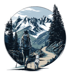 Woman Hiking with Dog in Beautiful Mountain Landscape Vector Art