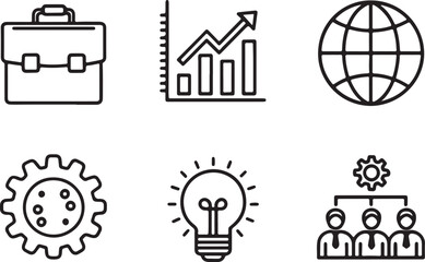 Business and management vector line art icon set. Teamwork, meeting, work together, management system, policy, analysis, marketing. Editable stroke outline