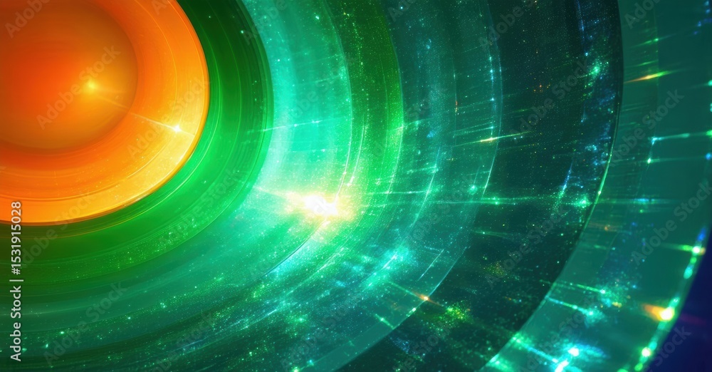 Poster abstract vibrant circles radiate energy. green, orange hues dominate dark space. bright light emanat