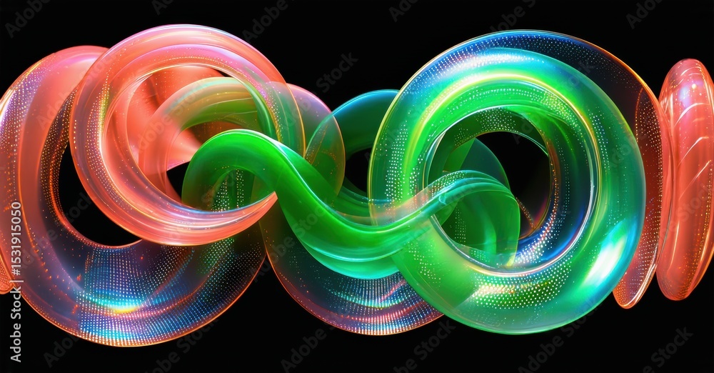 Poster Bright colorful loops intertwine, forming infinity symbol. Vivid gradients create dynamic visual effect against dark background.