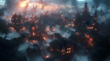 Futuristic metropolis illuminated by warm lights in a foggy twilight setting