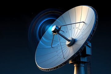 Large Satellite Dish Antenna Against a Dark Blue Night Sky with Swirling Blue Light Effects a Powerful Technological Image Evoking Space Exploration Communication and Advanced Technology